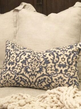 Pottery Barn Blue and Cream Damask Lumbar Pillow
